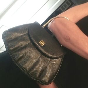 GIVENCHY Seashell RARE Reptile Black Leather Gold Top handle & Monogram Unique